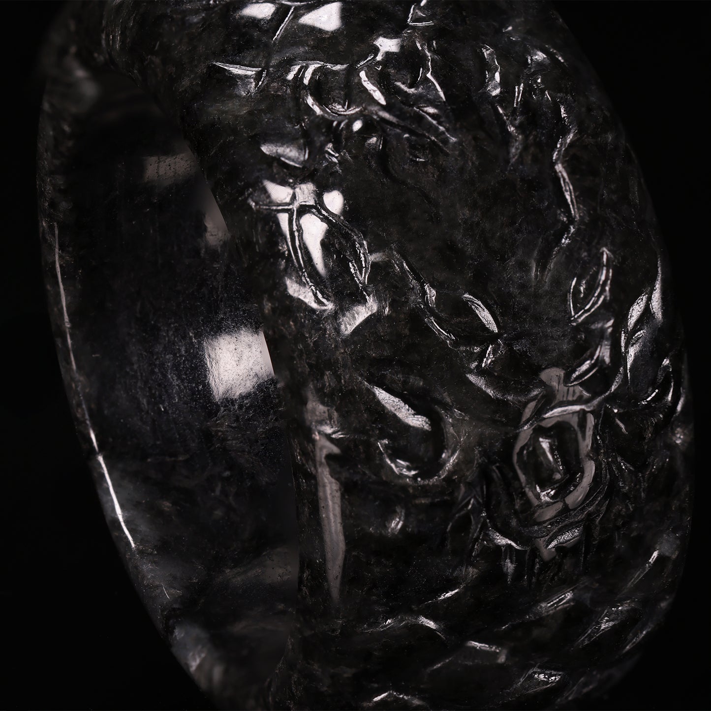 Black Jade Full-Bloom Floral Wide Band Ring - Grade A Natural Jade Jewelry