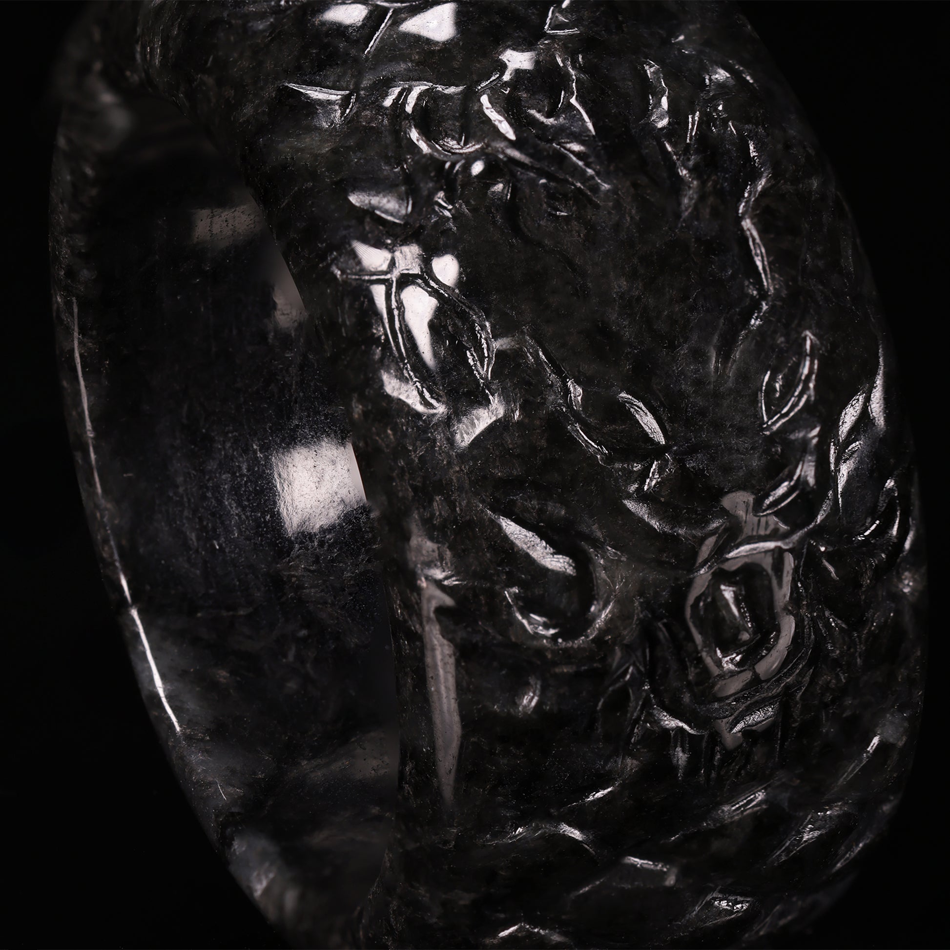 Black Jade Full-Bloom Floral Wide Band Ring - Grade A Natural Jade Jewelry
