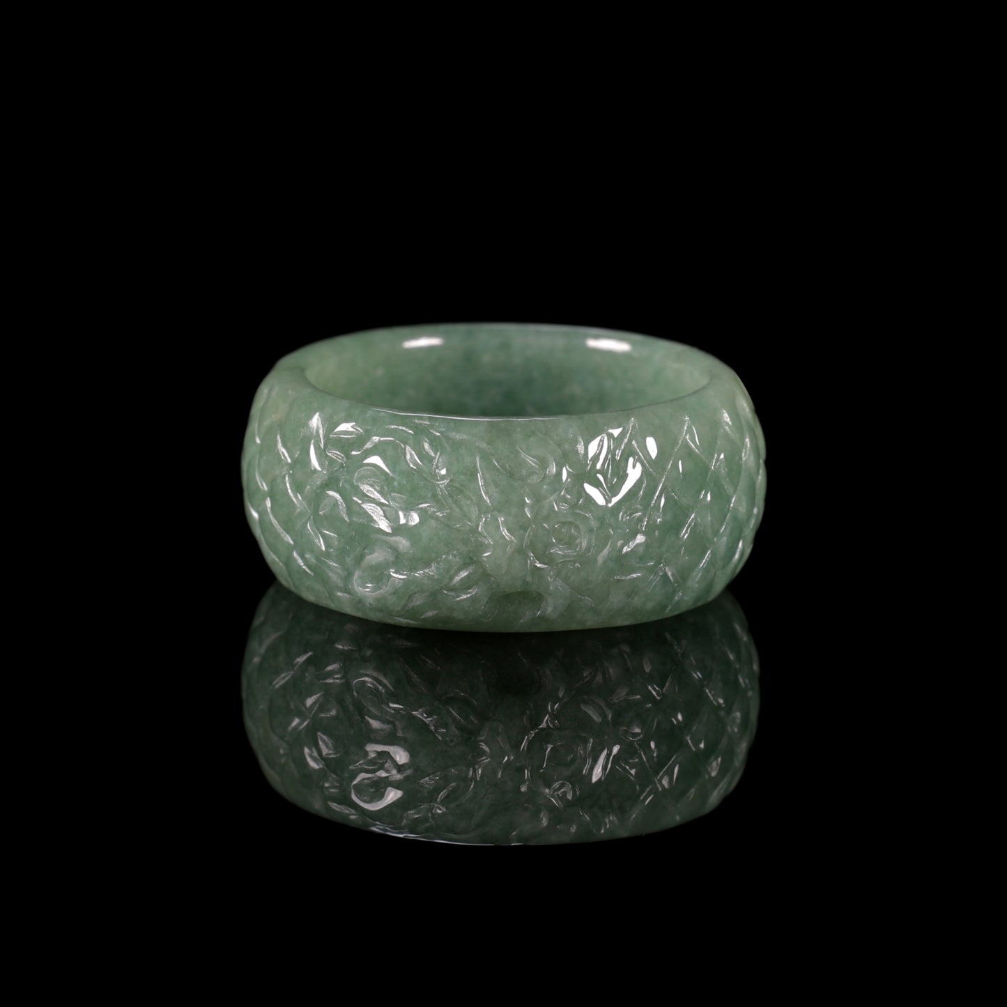Full-Bloom Floral Jade Wide Band Ring - Certified Grade A jade ring from Jadelume