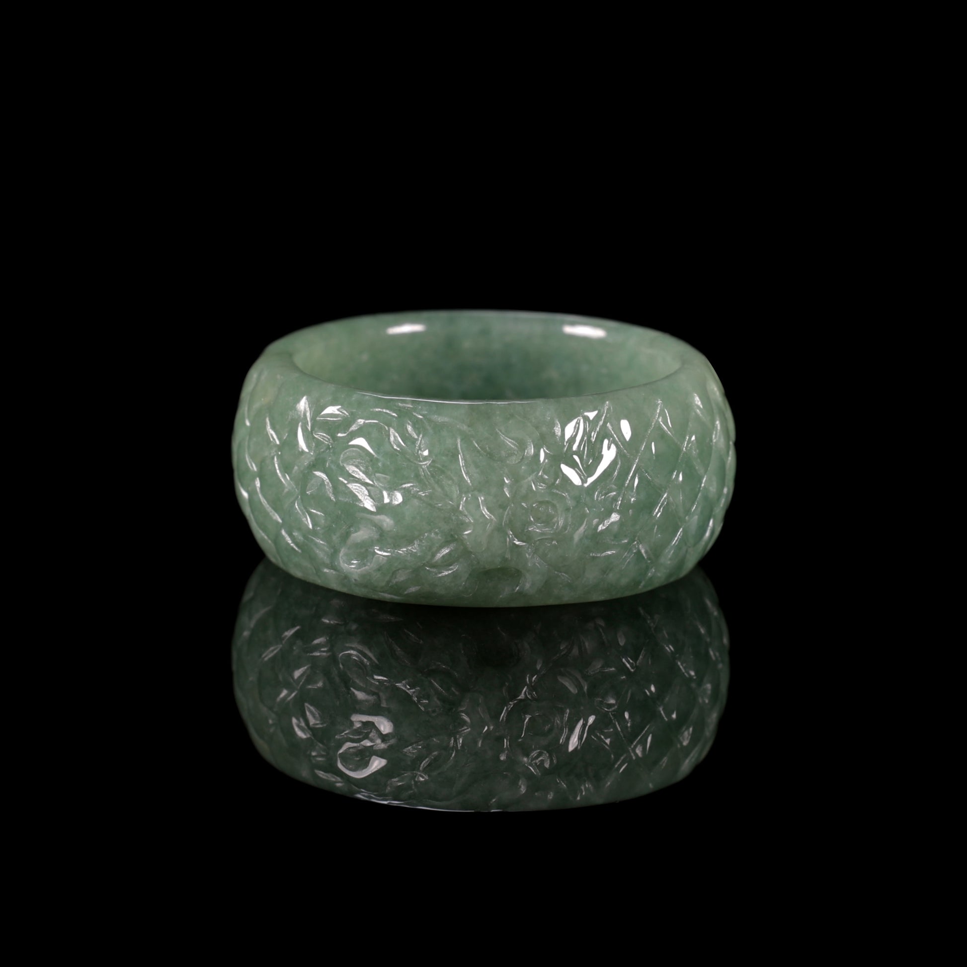 Full-Bloom Floral Jade Wide Band Ring - Certified Grade A jade ring from Jadelume