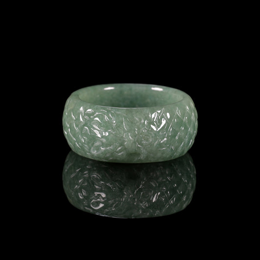 Full-Bloom Floral Jade Wide Band Ring - Certified Grade A jade ring from Jadelume
