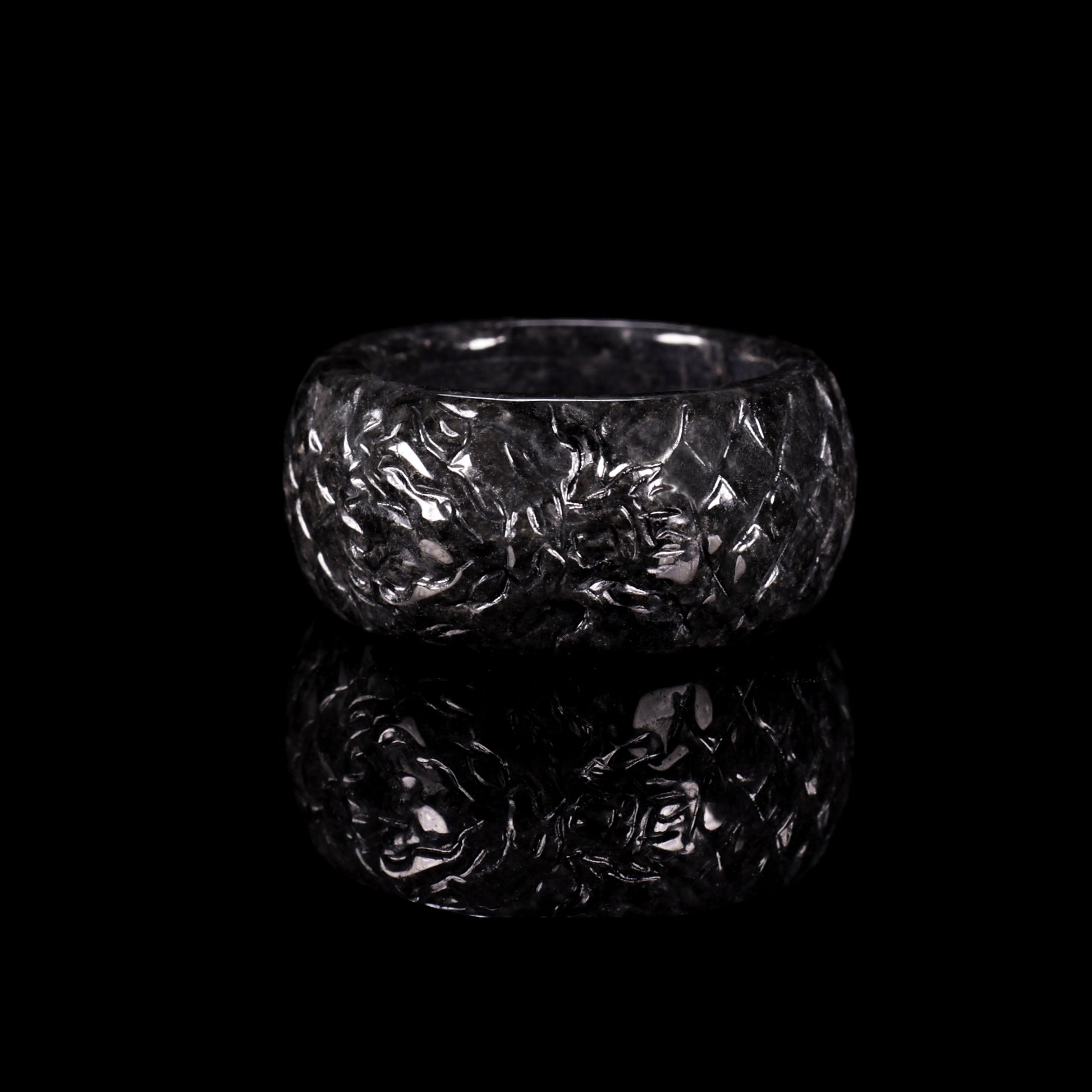 Black Jade Full-Bloom Floral Wide Band Ring - Grade A Natural Jade Jewelry