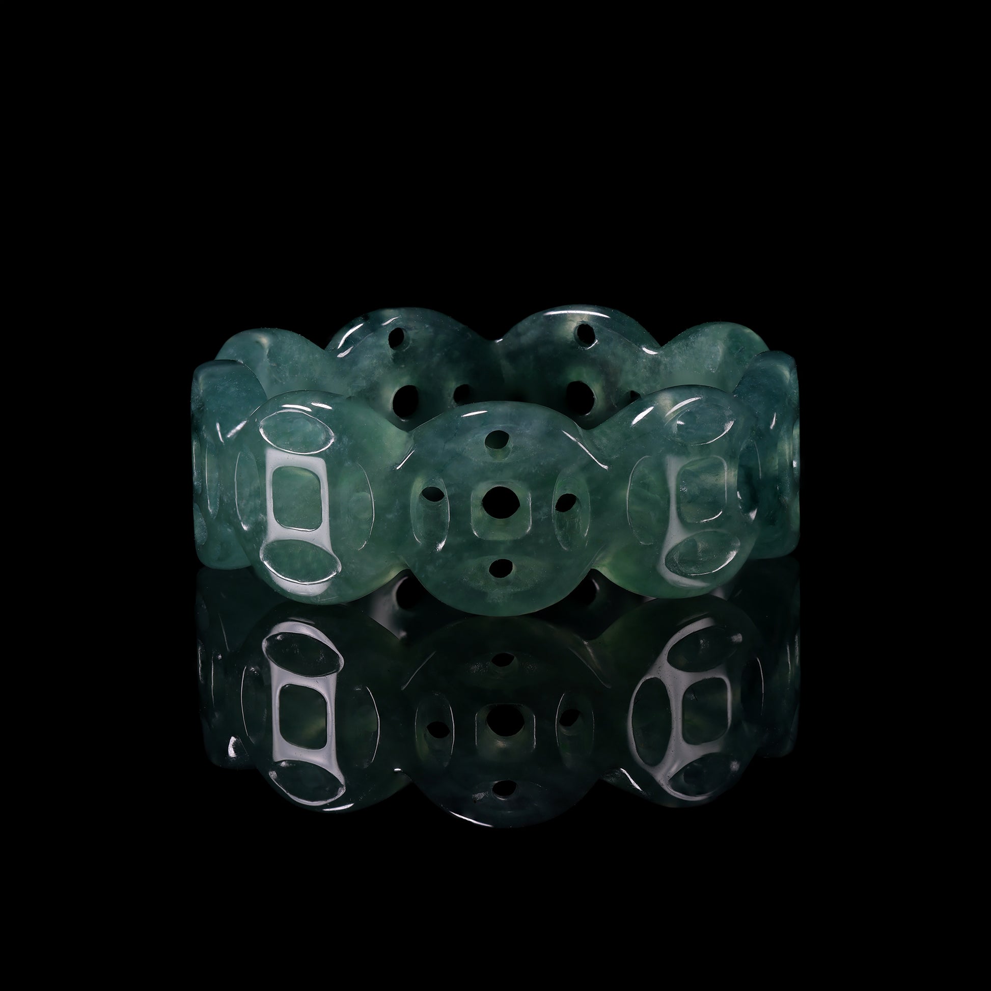 Ancient Coin Hollow Jade Wide Band Ring - Grade A Natural Jade Jewelry