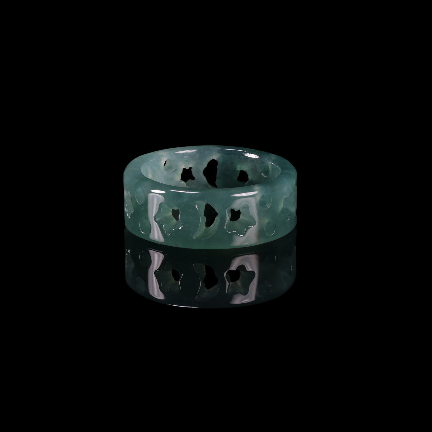 Hollow Floral Jade Wide Band Ring - Grade A Natural Jade Jewelry
