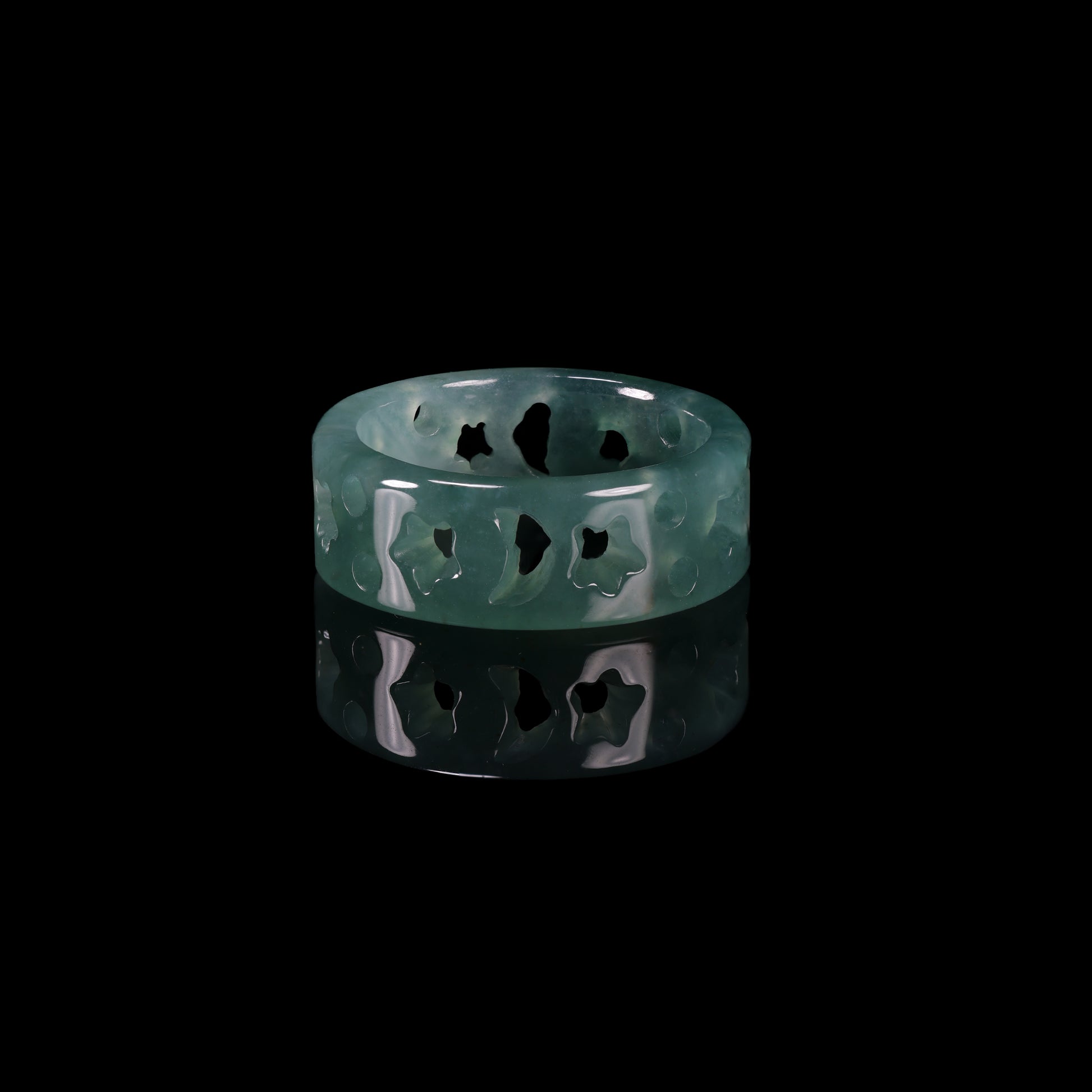 Hollow Floral Jade Wide Band Ring - Grade A Natural Jade Jewelry