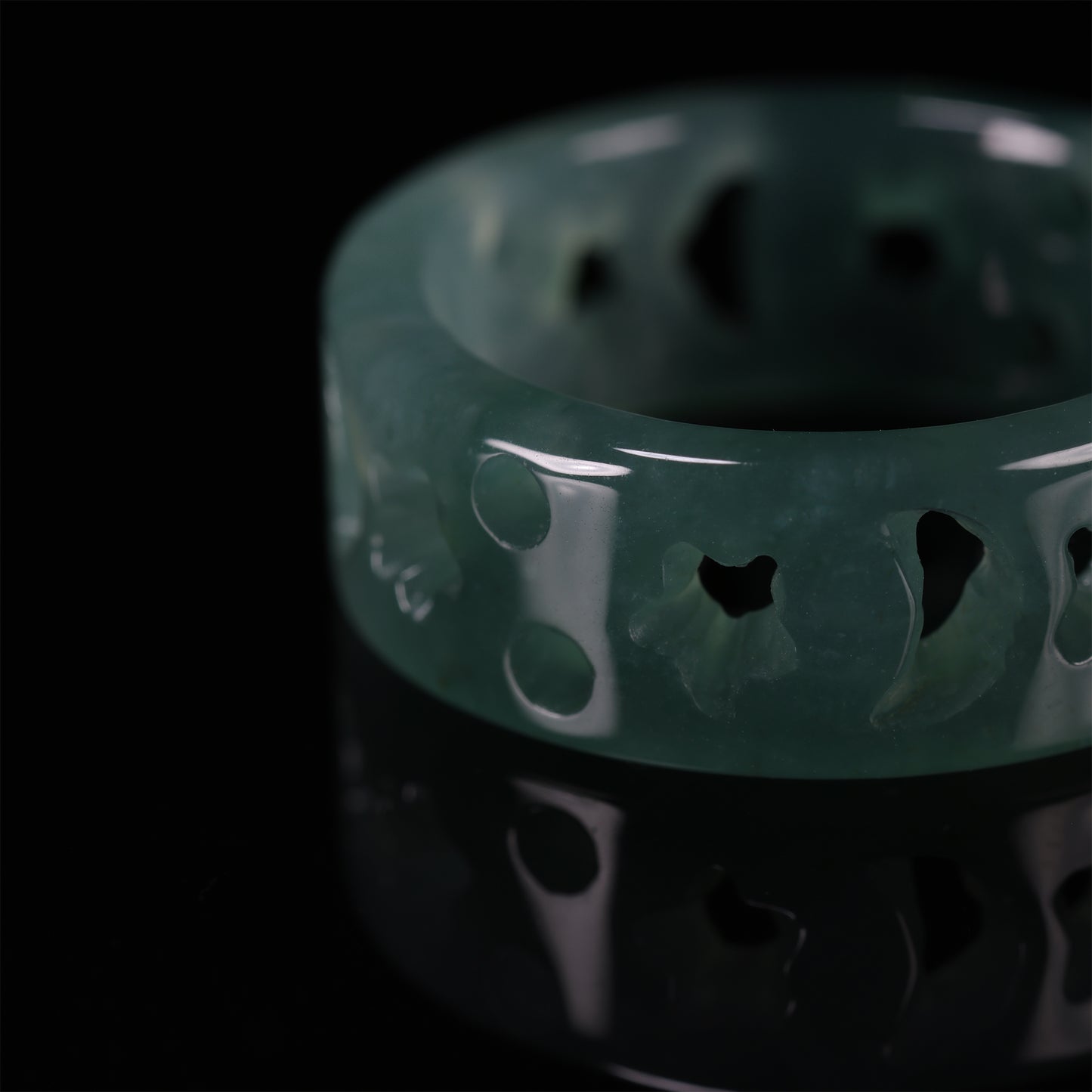 Hollow Floral Jade Wide Band Ring - Grade A Natural Jade Jewelry