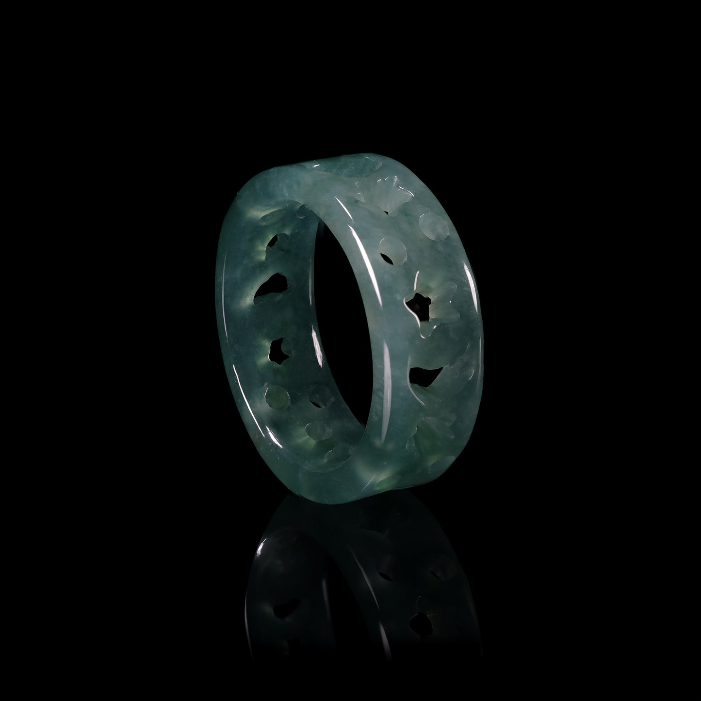 Hollow Floral Jade Wide Band Ring - Grade A Natural Jade Jewelry