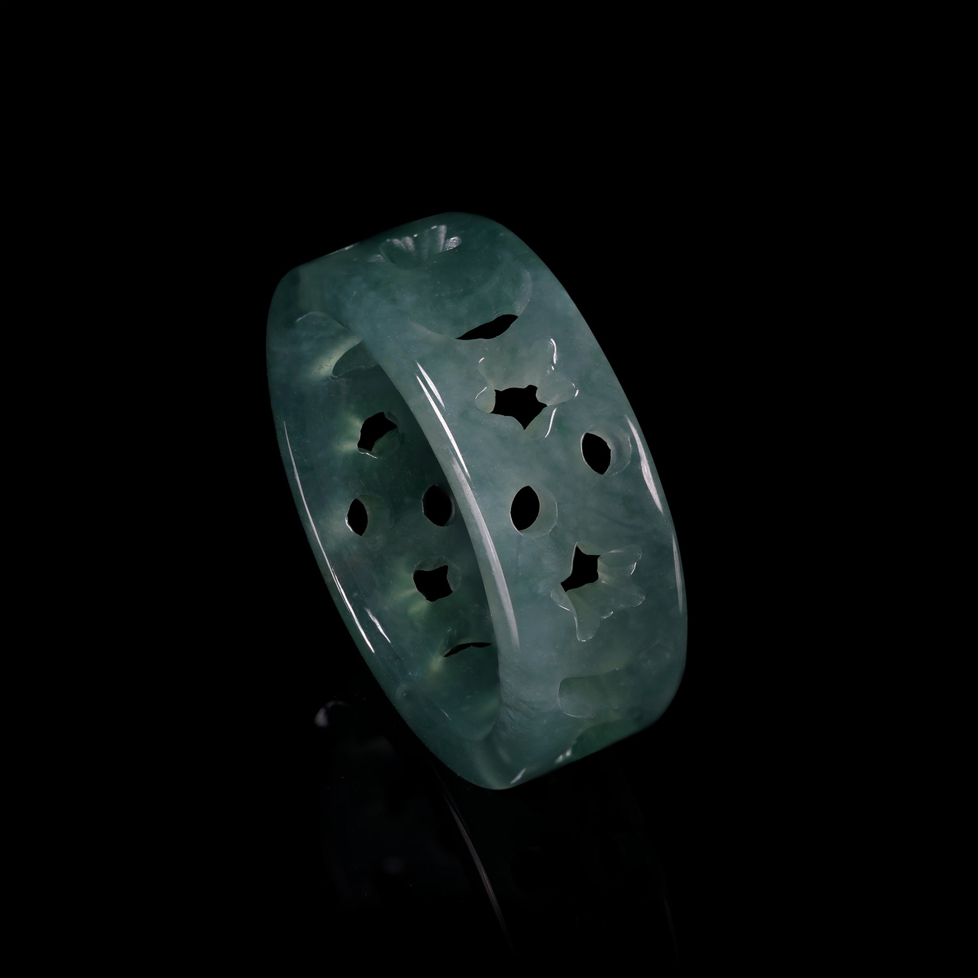 Hollow Floral Jade Wide Band Ring - Grade A Natural Jade Jewelry